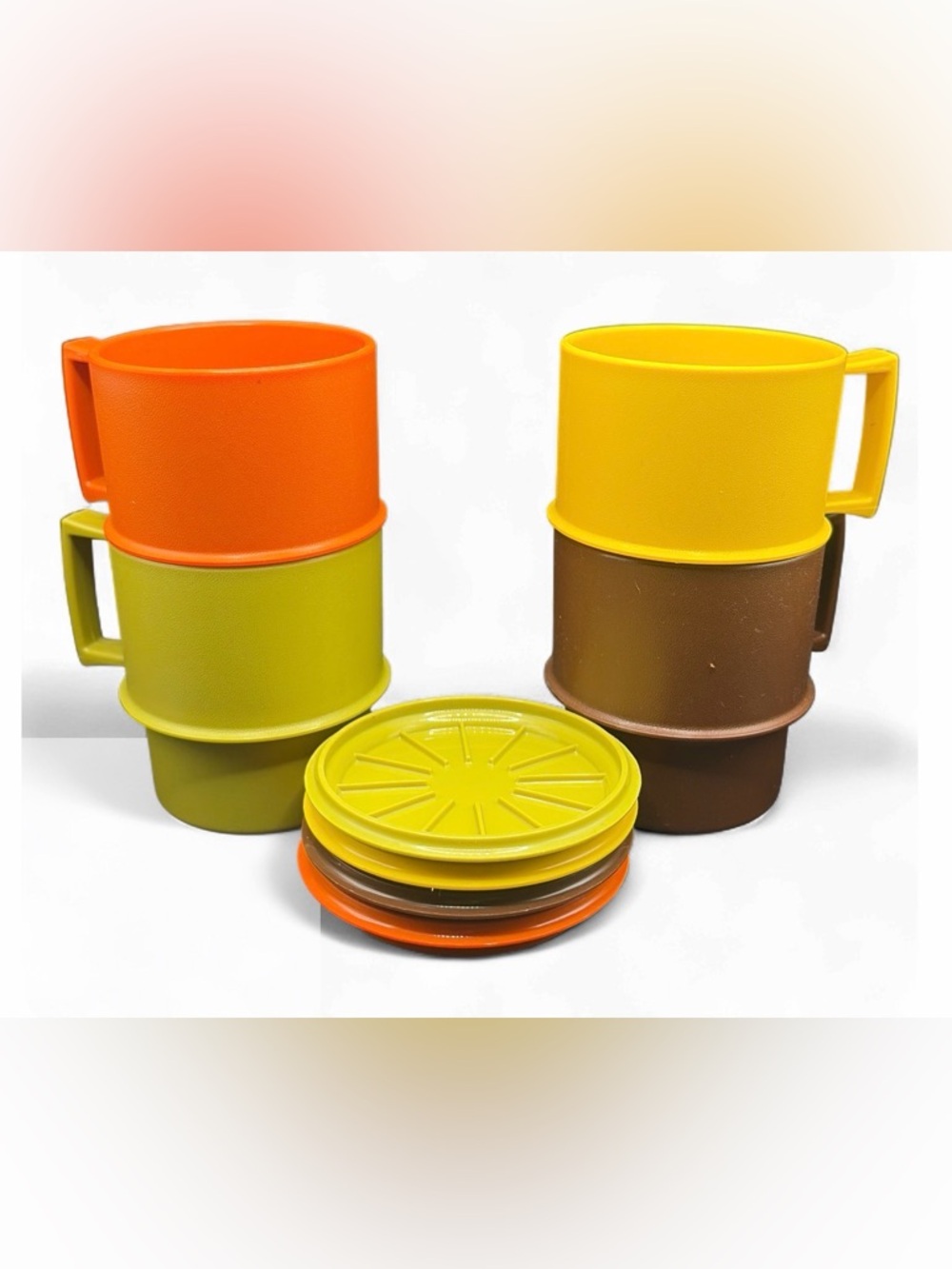 Tupperware USA Mid Century 1970s Stacking Cups & Coasters Harvest Colors Set